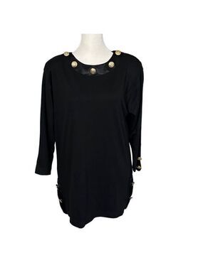 Ivana Vintage Black & Gold Button Detail 3/4 Sleeve Split Hem Blouse Sz Medium